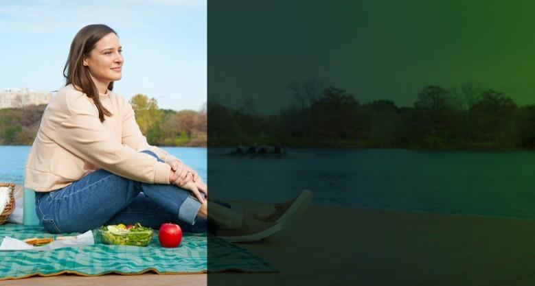 REXULTI user Kimberly with Major Depressive Disorder picnicking. REXULTI user Kimberly with Major Depressive Disorder picnicking.