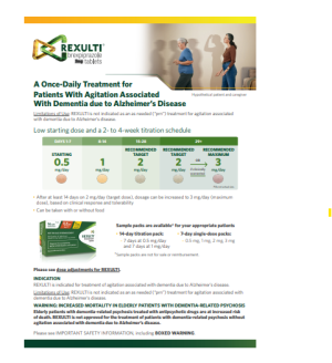 REXULTI Dosing Guide for Agitation associated with dementia due to Alzheimer's disease for healthcare professionals. REXULTI Dosing Guide for Agitation associated with dementia due to Alzheimer's disease for healthcare professionals.