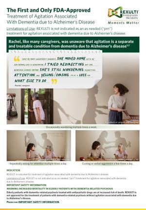 REXULTI Outpatient Patient Profile flyer for Agitation associated with dementia due to Alzheimer's disease for healthcare professionals. REXULTI Outpatient Patient Profile flyer for Agitation associated with dementia due to Alzheimer's disease for healthcare professionals.